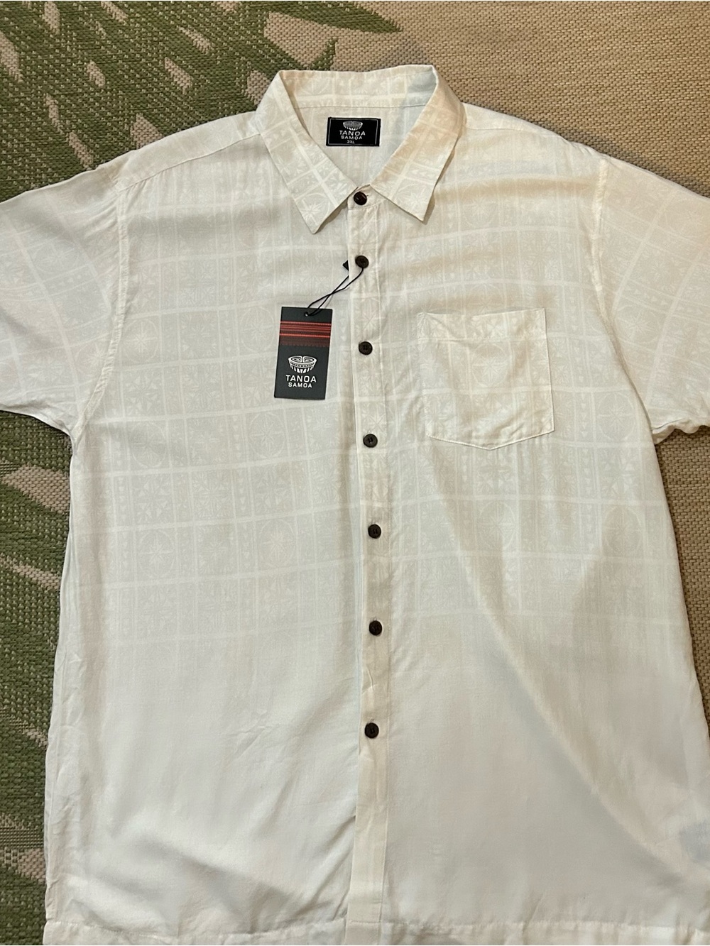 Tanoa Samoa Men's Short Sleeve Button-Up Shirt in Cream with Island Grid Print